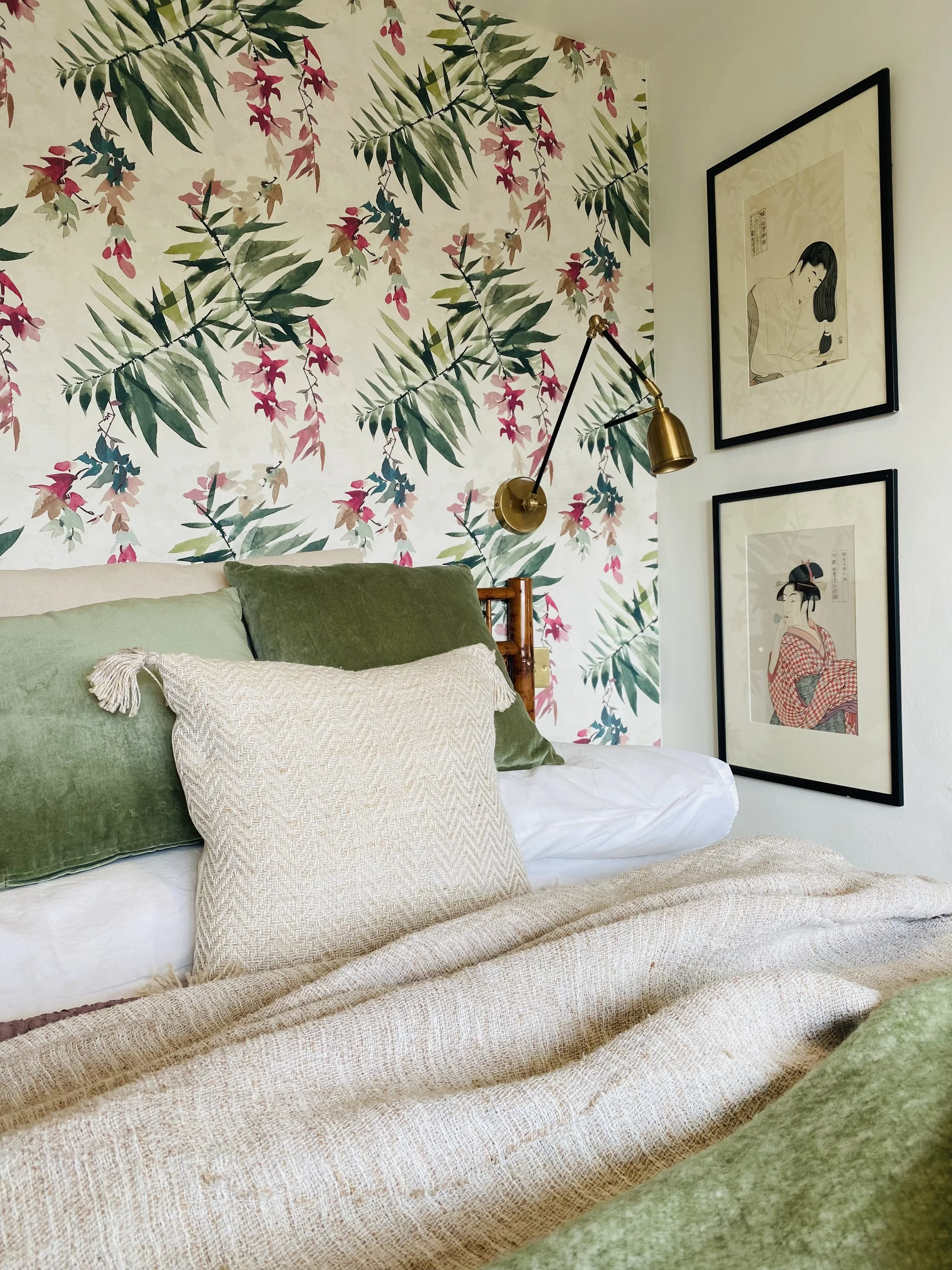 green bedroom, green cushions, Japanese design, natural materials