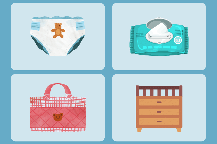 Nappies, baby wipes, nappy caddy and changing table