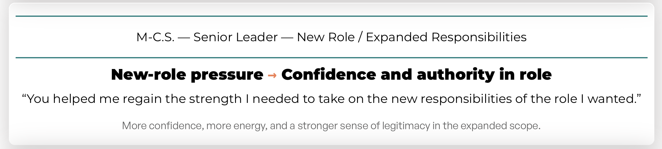 Client results: Senior leader takes on new role and expanded responsibilities with more confidence and authority.