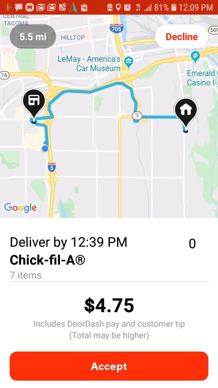 The 5.5 miles required works out to $3.19 in expenses at the 2019 IRS mileage rate. The $4.75 being offered includes customer tip, but DoorDash does not disclose how much.