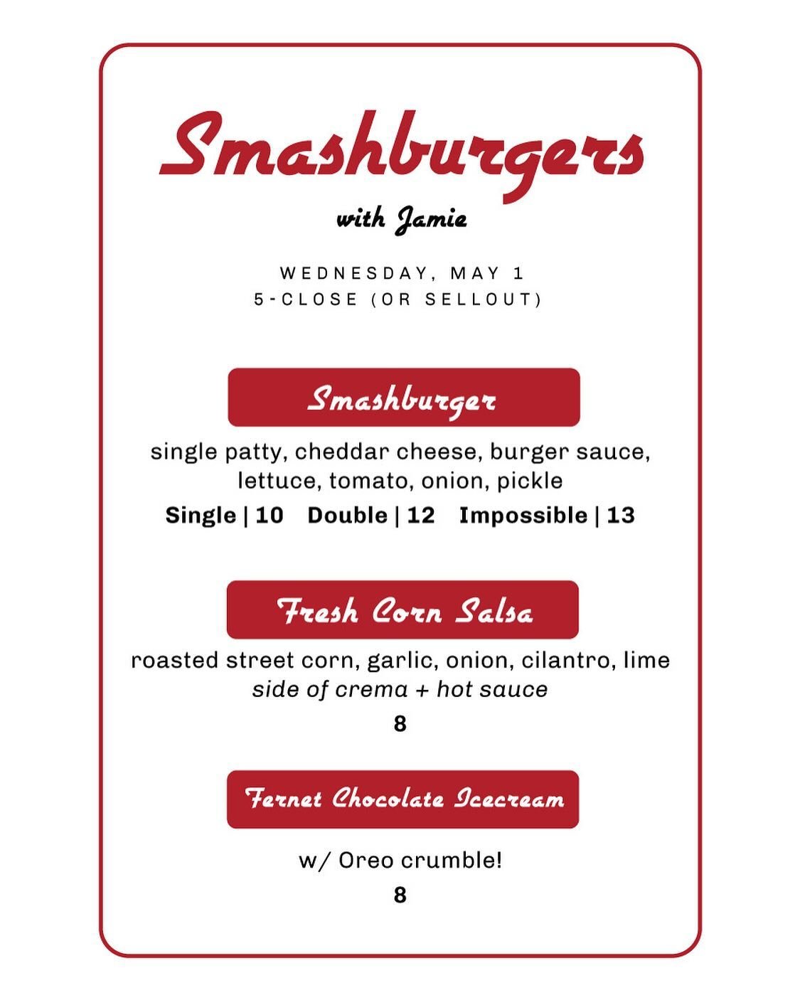 Our boy Jamie is cooking out on the grill tomorrow, Wednesday, May 1, 5-sellout! Smashburgers, $5 pull + pray beer cans, no regular menu, get crazy, get wild, let&rsquo;s party, get loud. ☀️☀️☀️