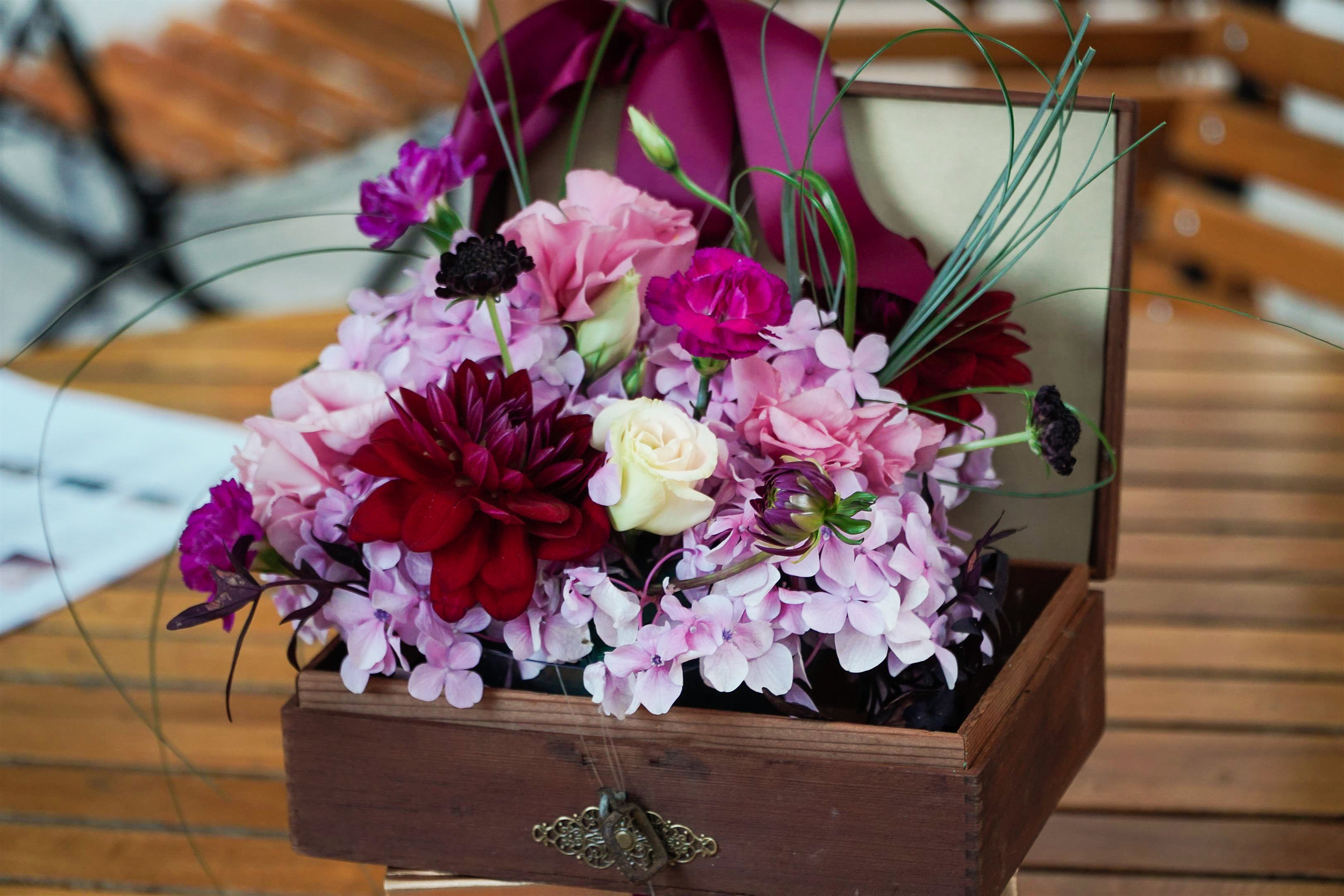 Floral arrangement in a wooden box