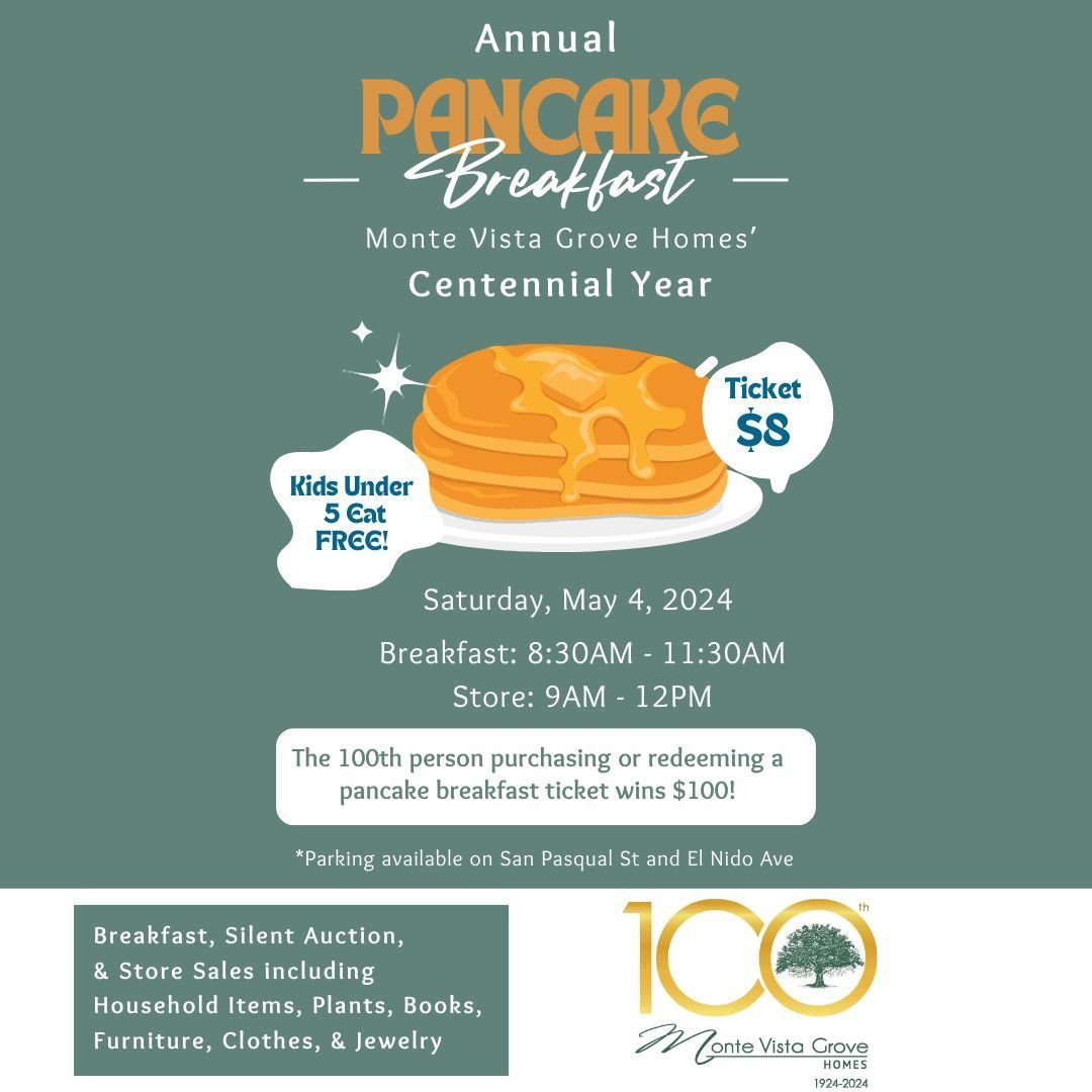 Mark your calendars and join us for yummy pancakes at Monte Vista Grove Homes' Centennial Pancake Breakfast on Saturday, May 4th! Fuel up and then shop at our fabulous re-sale stores. For more information, please reach out to Development Coordinator,