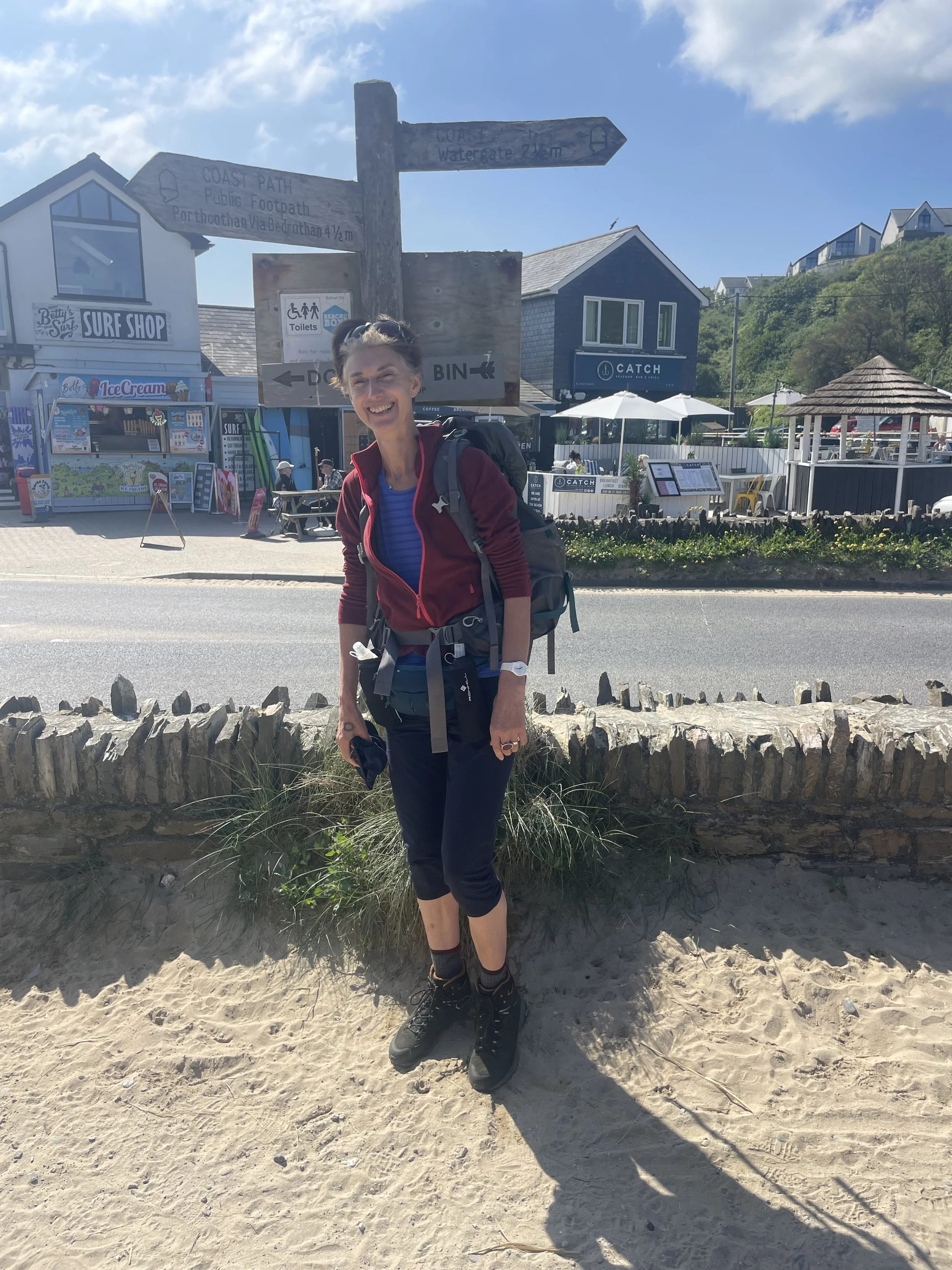 Catherine Barr with a backpack on her Big Walk to Little Schools in Cornwall.