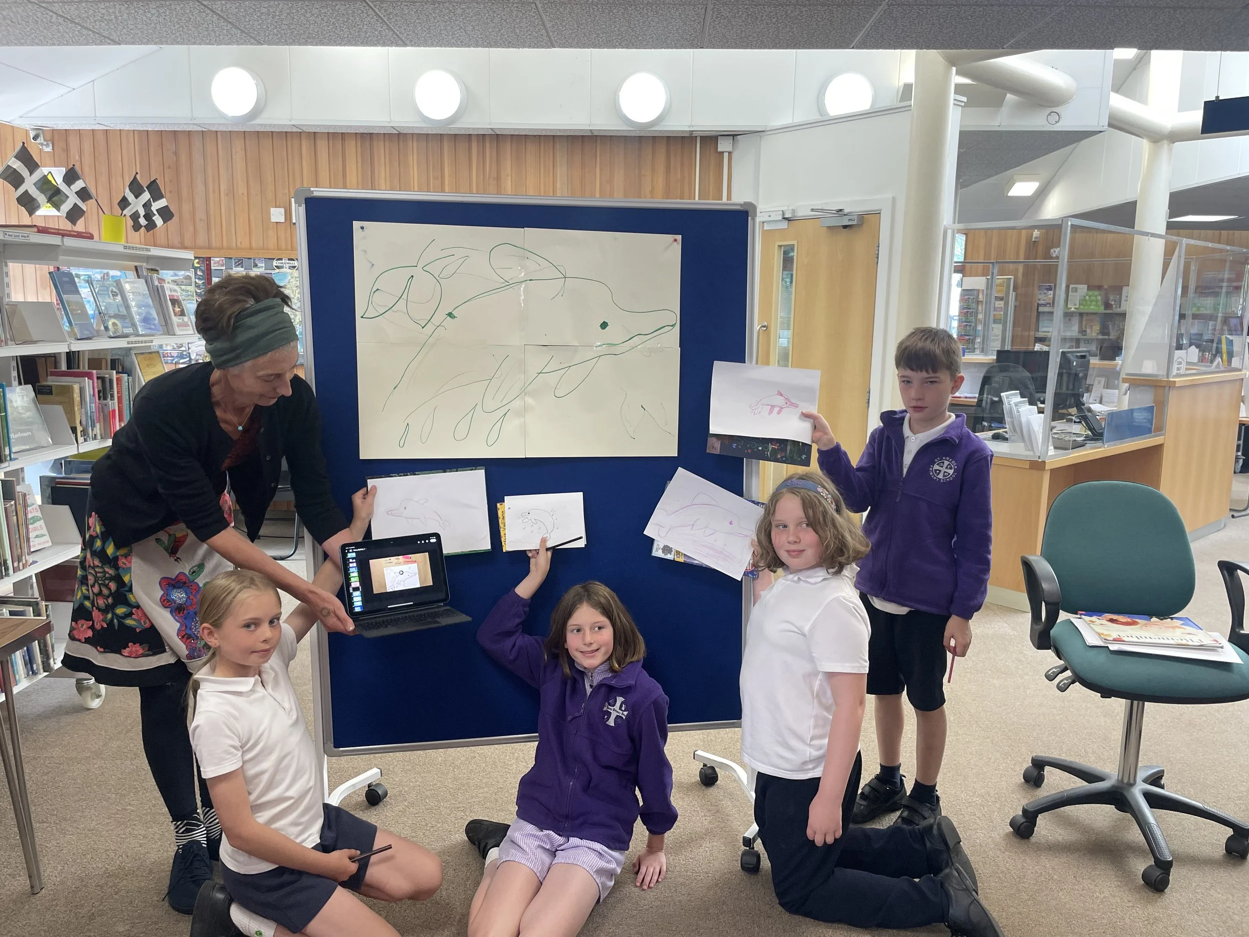 Catherine Barr author event with children in a library in Cornwall