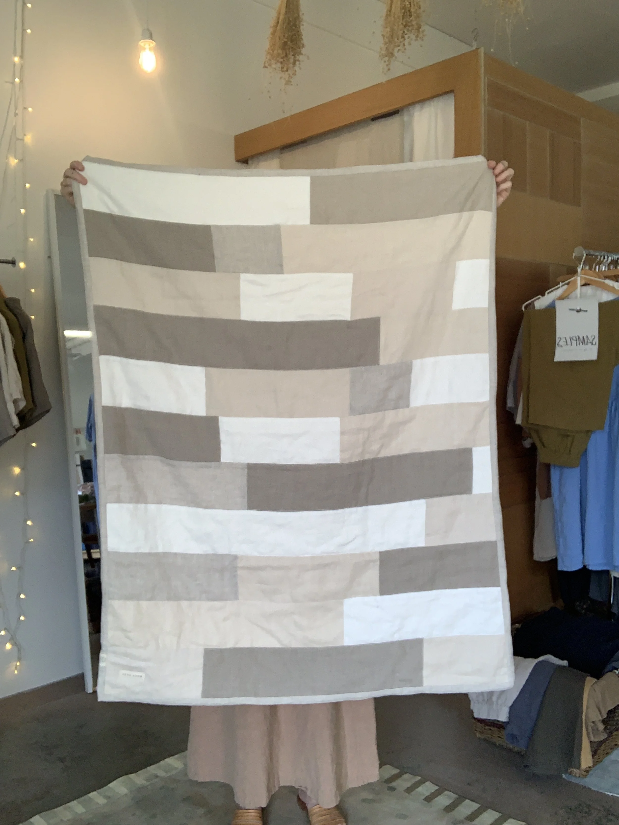 Linen Patchwork Quilt with Cotton Batting / one of a kind #001 - ready to ship