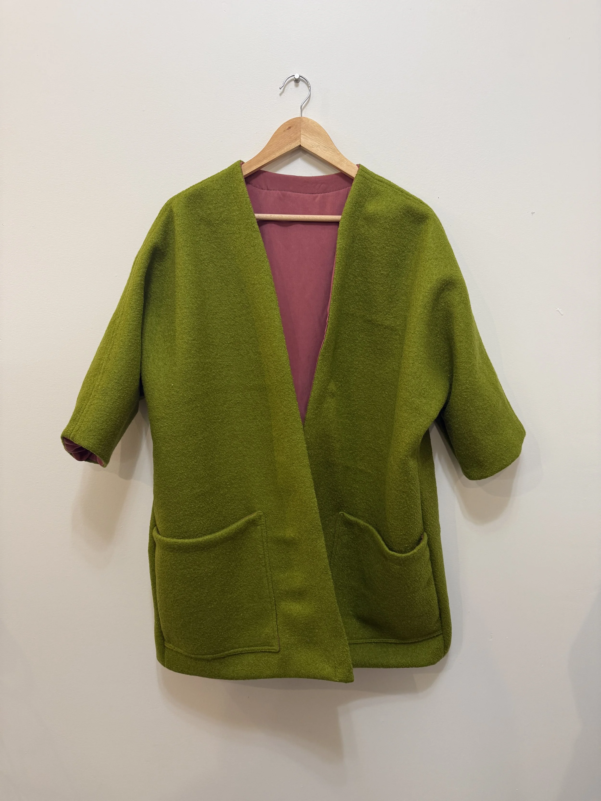 Lined Eriko Coat in Matcha Boiled Wool with Peony Vegan Silk  / size L / Ready to Wear