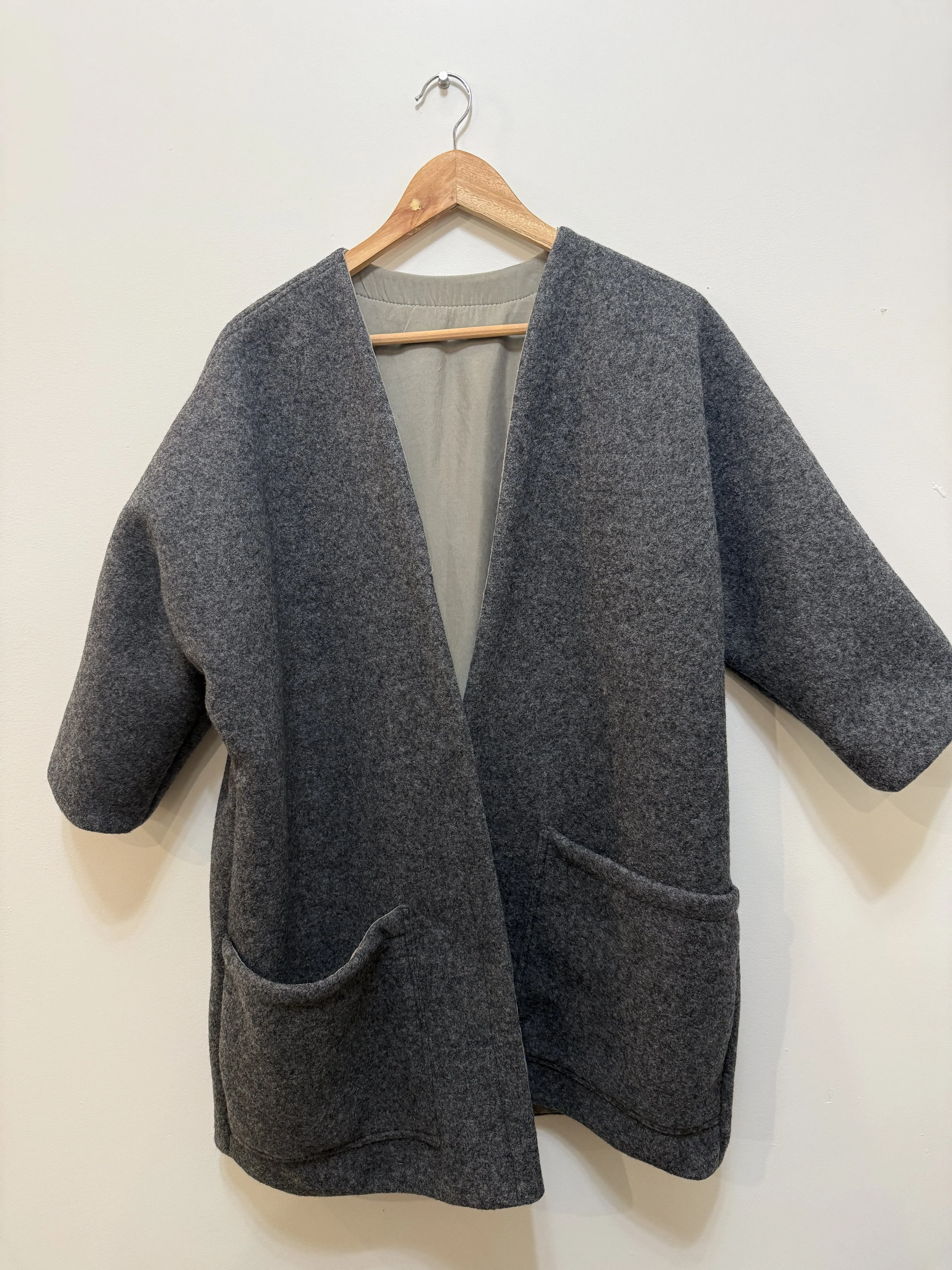 Lined Eriko Coat in Wolf Grey Boiled Wool with Sage Vegan Silk  / size M  / Ready to Wear