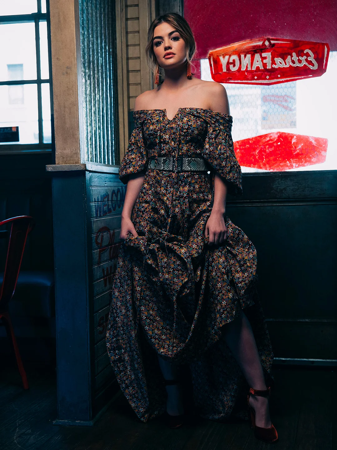 Dress: Zac Posen, Belt: Georgine, Earrings: Joanna Laura Constantine, and Shoes: Sebastian