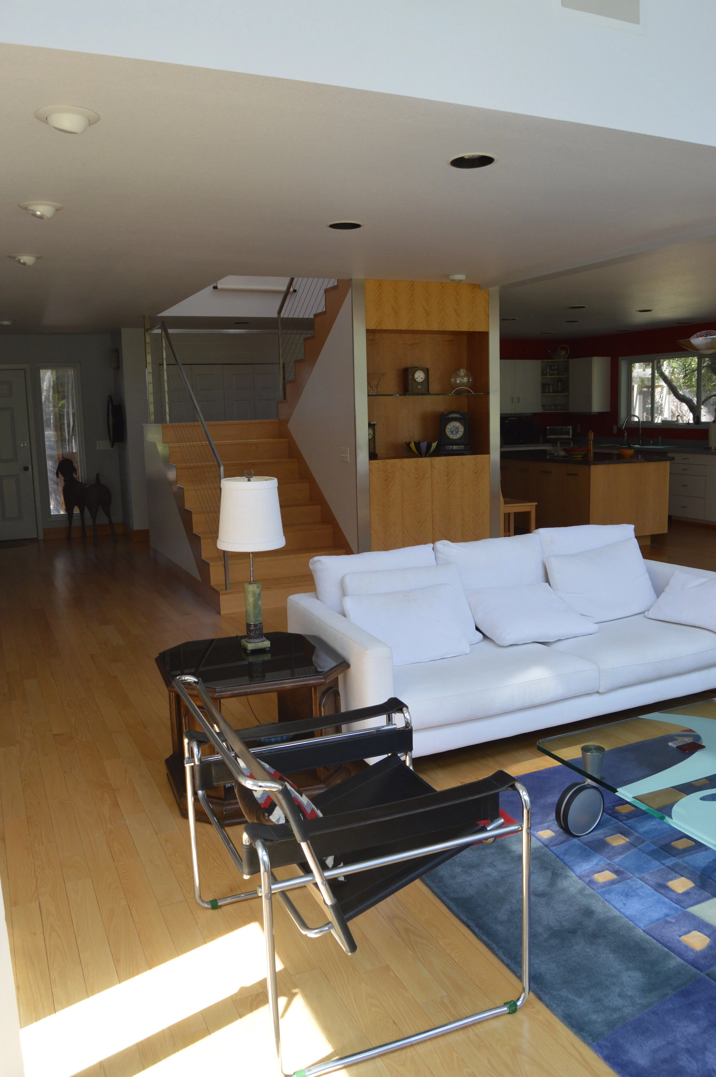 living room with modern staircase — Debra Lennox, Mendocino Coast Architect