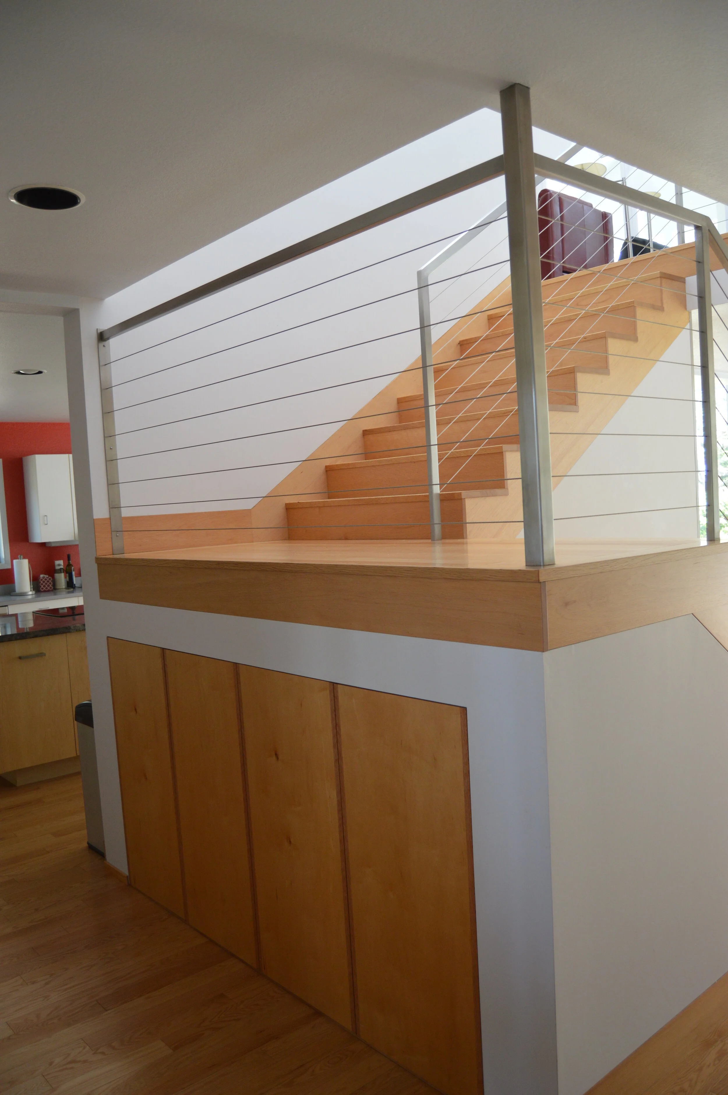 sunlit landing of the modern staircase — Debra Lennox, Mendocino Coast Architect