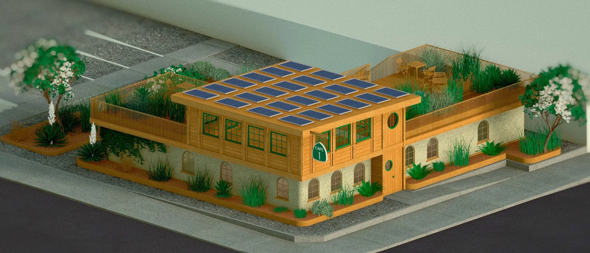 Café One 3D North West Corner Concept Birdseye View