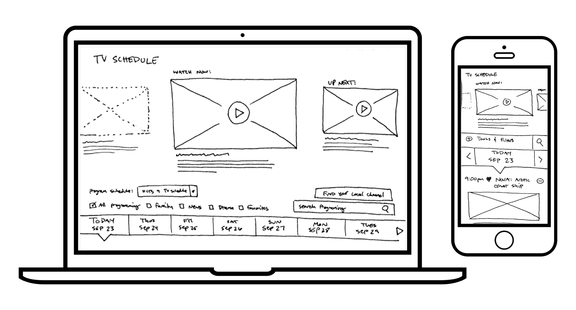 Preliminary sketches for the responsive tv schedule.