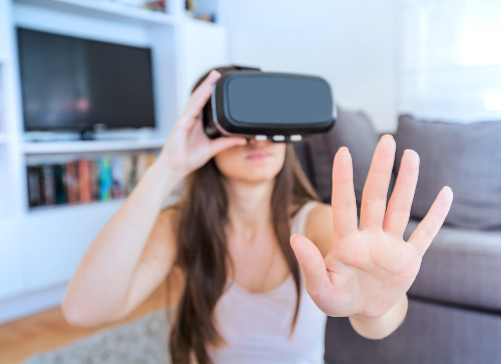 virtual reality glasses woman home