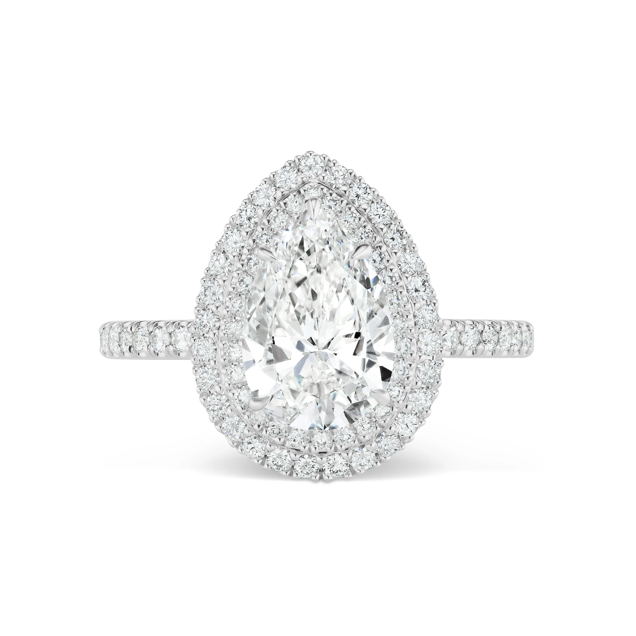 Pear-shaped diamond ring with micropavé diamond trim and band, mounted in platinum. .jpg