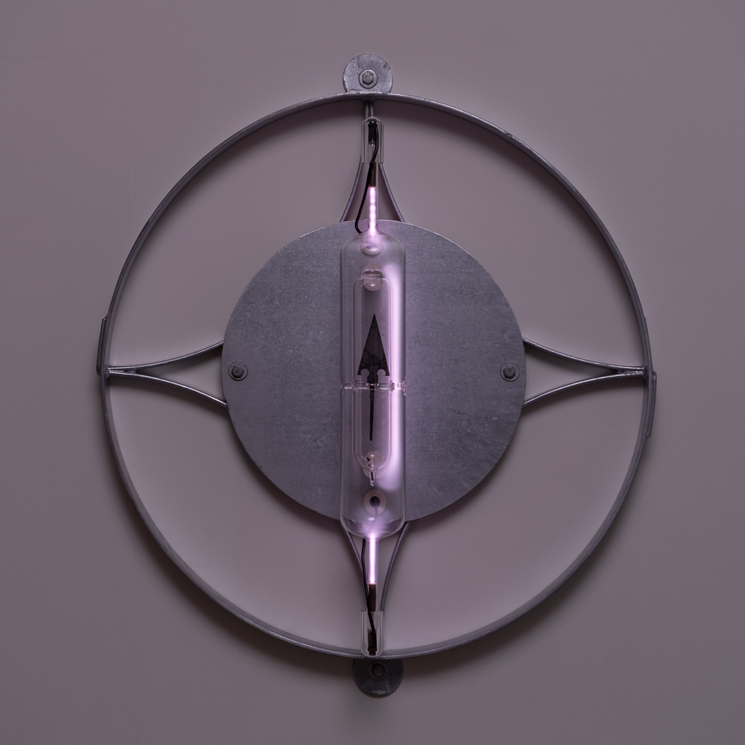   By Which (Fall) , 2023 Galvanized steel, steel, glass, argon, and electrical components 24 x 24 x 6 inches 