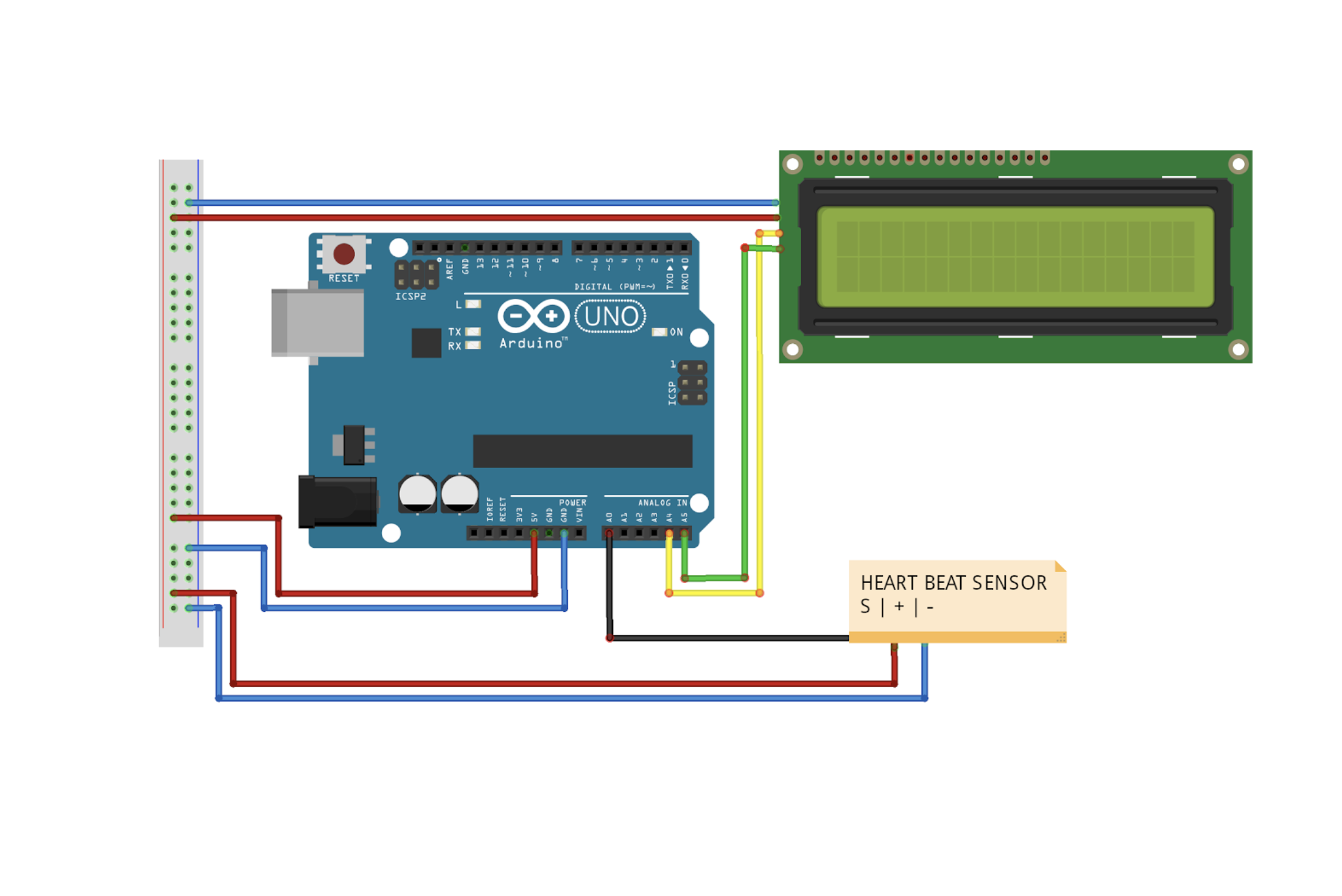 LCD screen, arduino, breadboard, and heart rate monitor system diagram