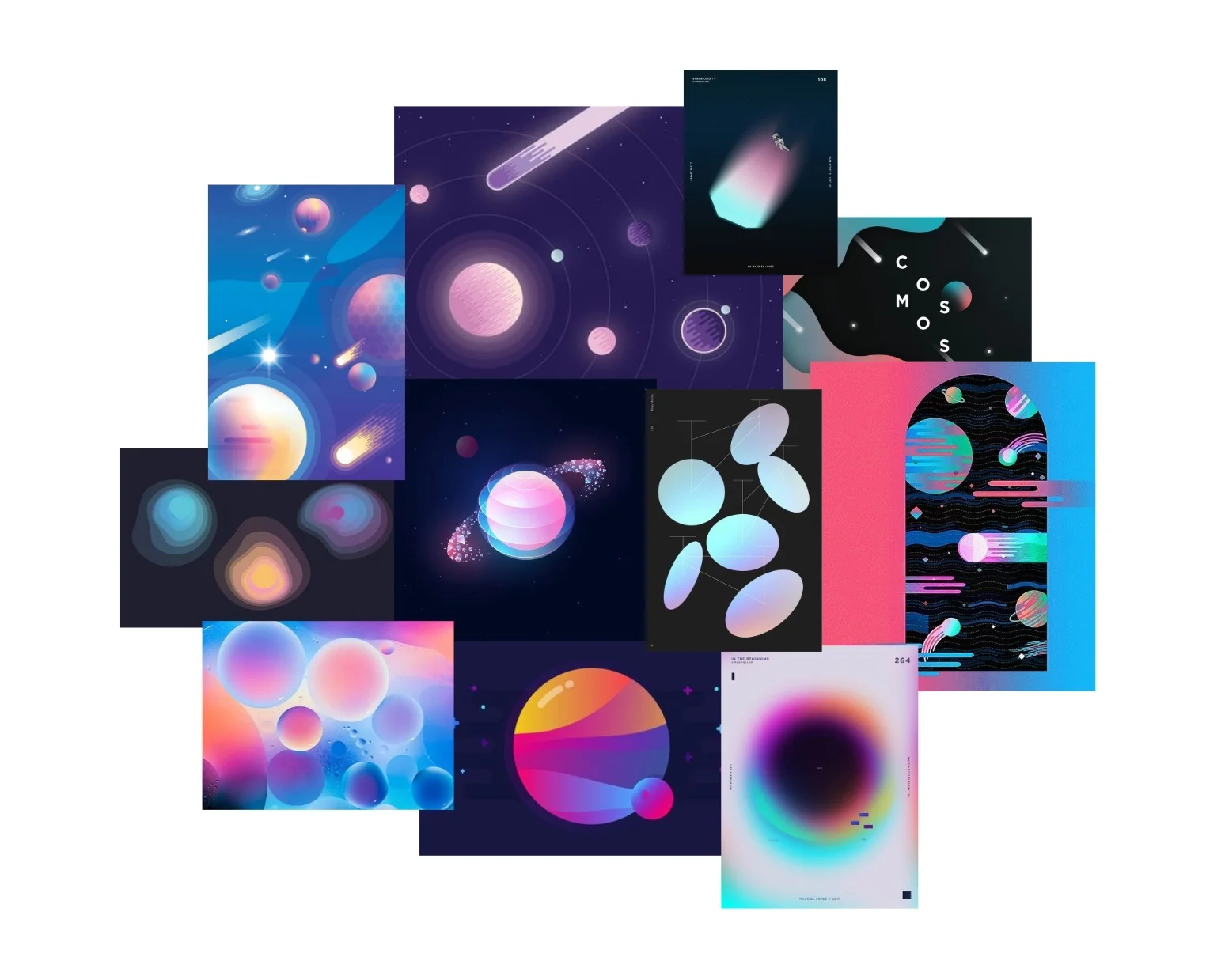 Gradient and multicolor space precedent images for overall toy theme.
