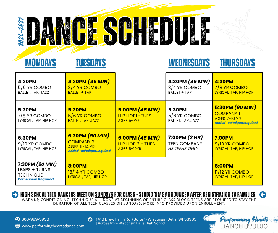 Performing Hearts Dance Studio New 2026-2027 Dance Classes graphic