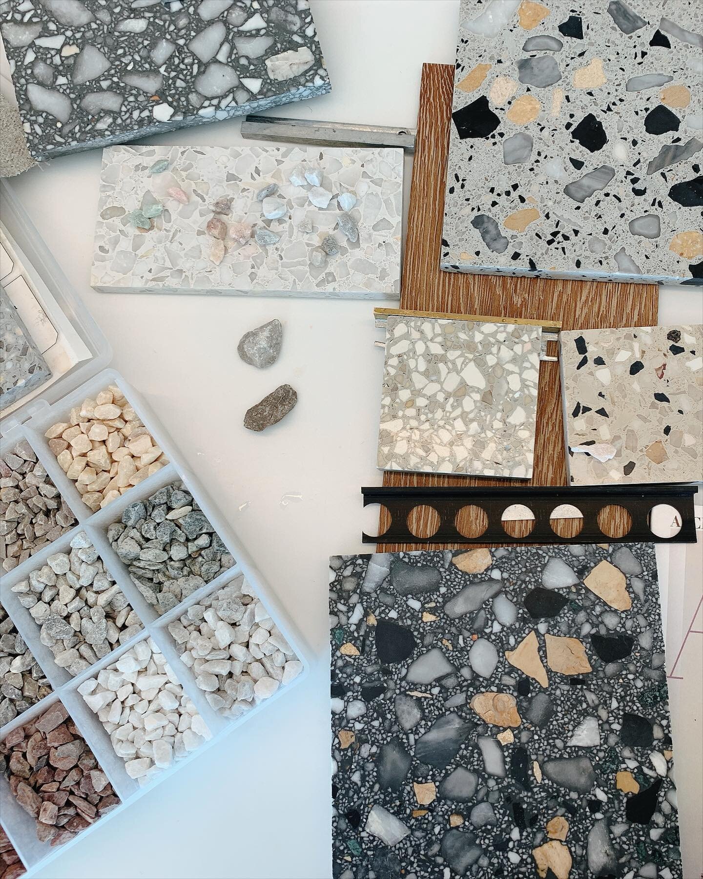 We love a custom terrazzo floor! Creating custom samples for a project today! 
.
.
.
#terrazzo has made a comeback lately.. seeing a lot of super scaled terrazzo back splashes and flooring &mdash; so exciting! How do you feel about Terrazzo!?
.
.
.

