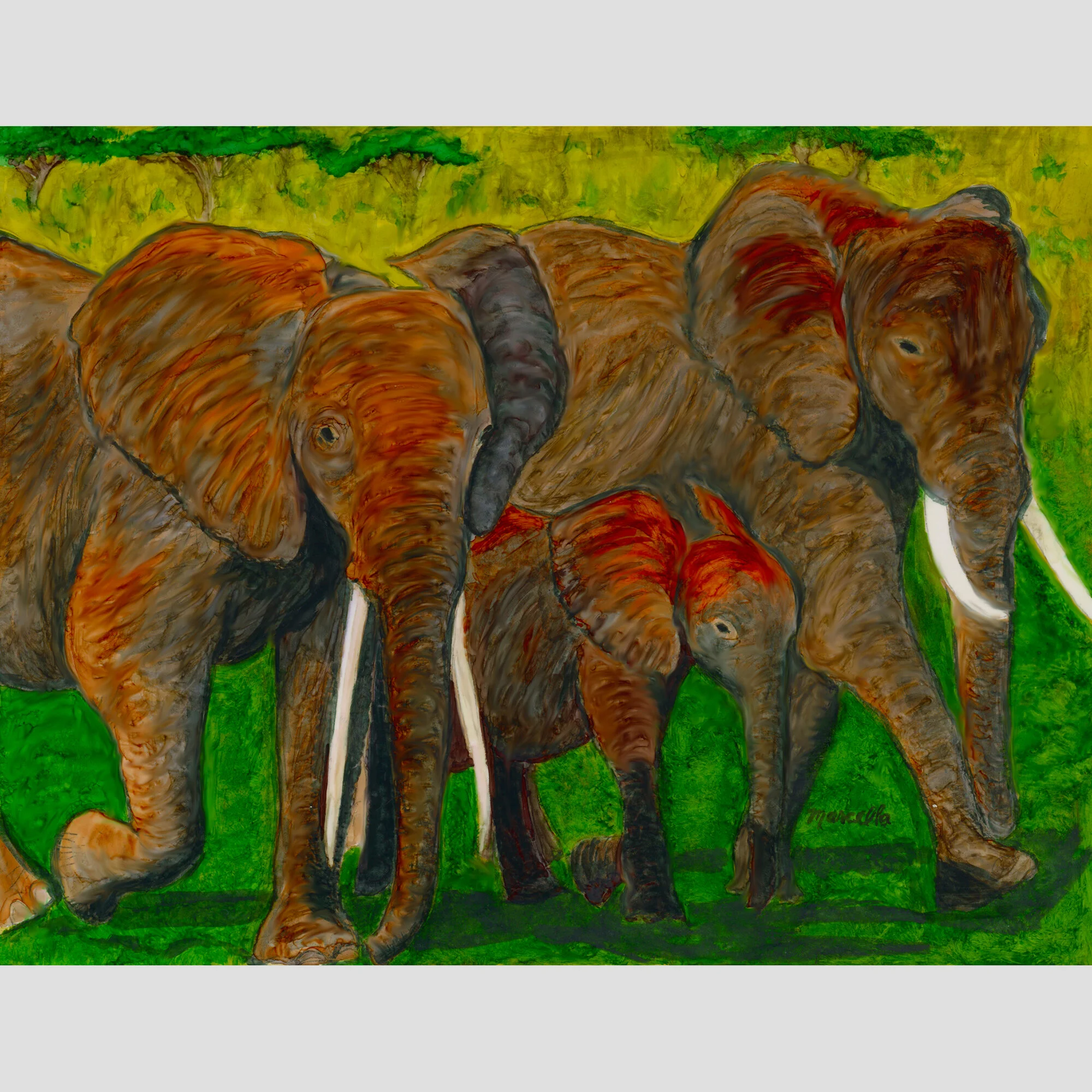 "Elephant Family Stroll" Print of Painting by Marcella Chapman
