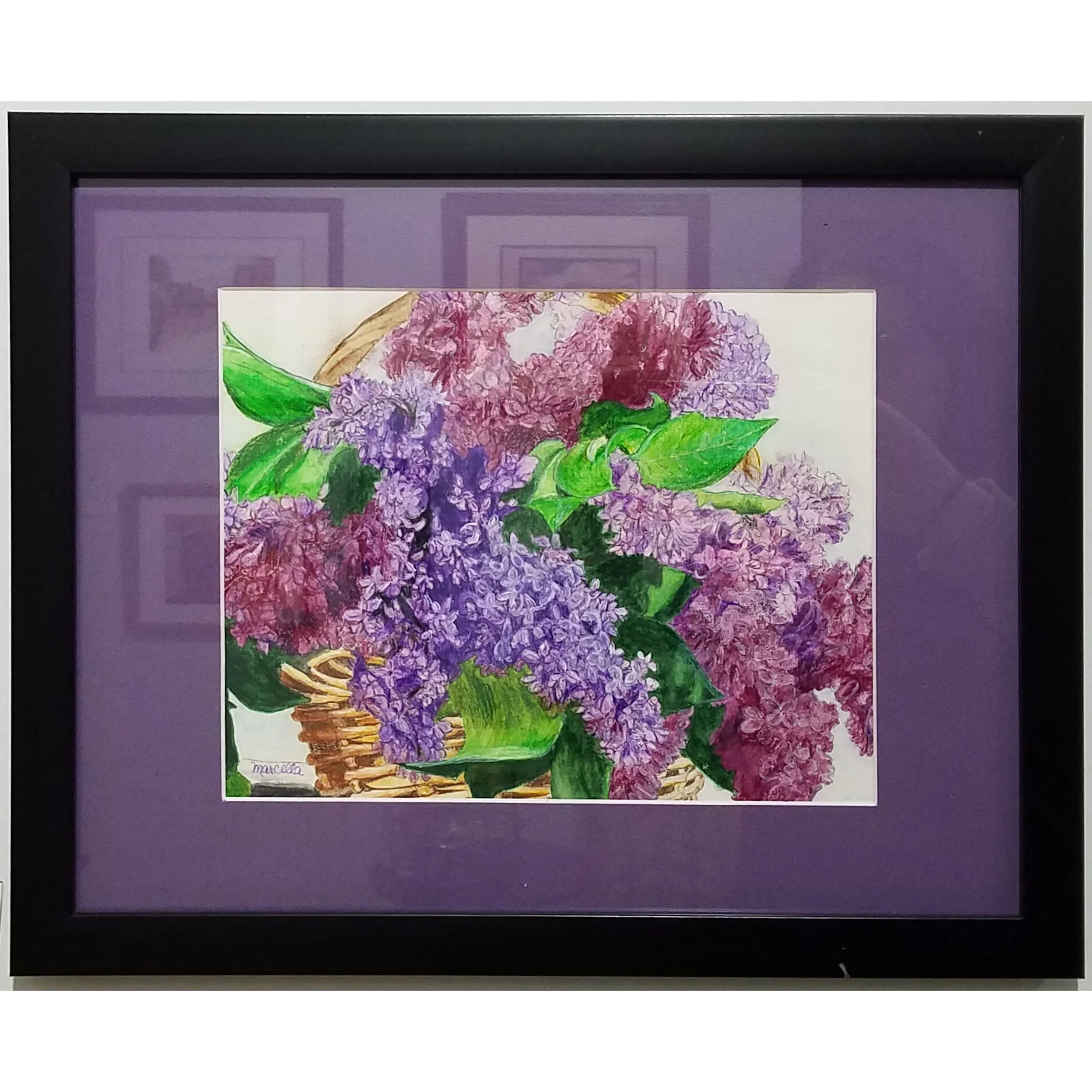 "Lilacs in Basket" Pencil Drawing by Marcella Chapman