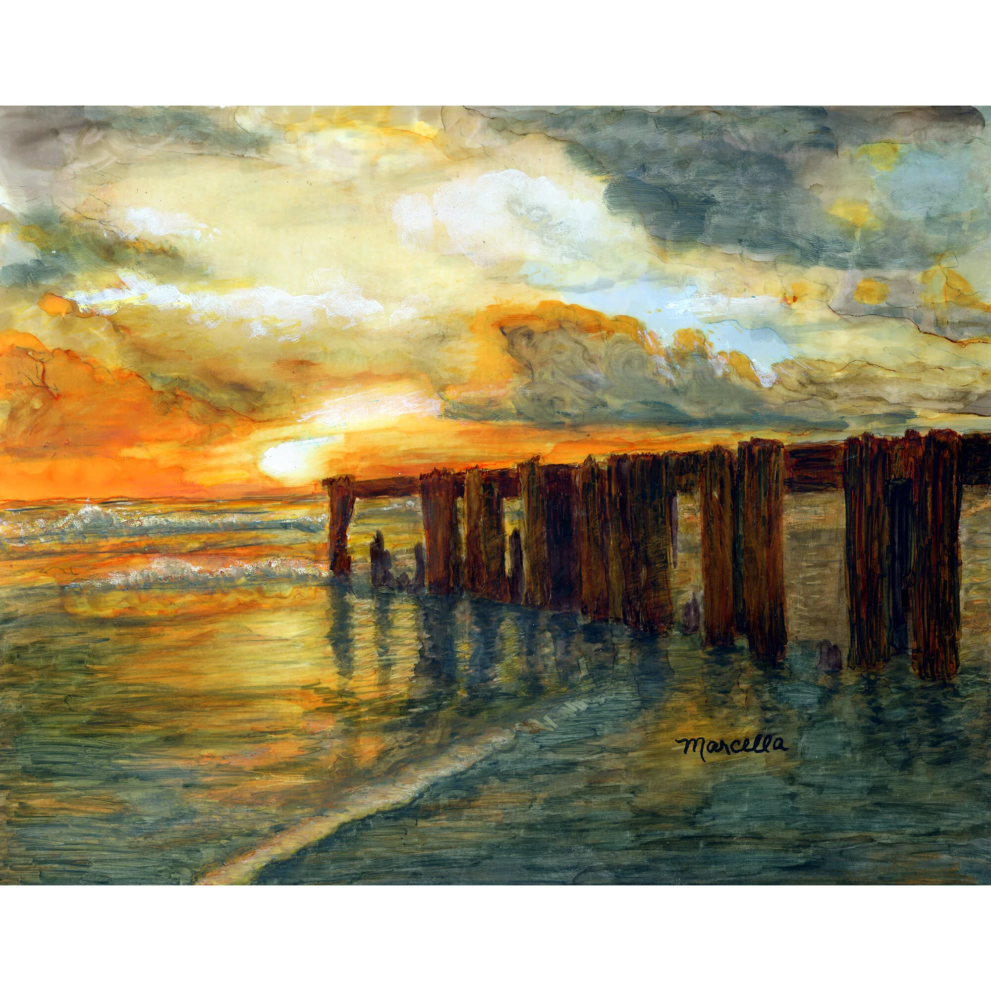 "Sunrise Over Old Pier" Print of Painting by Marcella Chapman