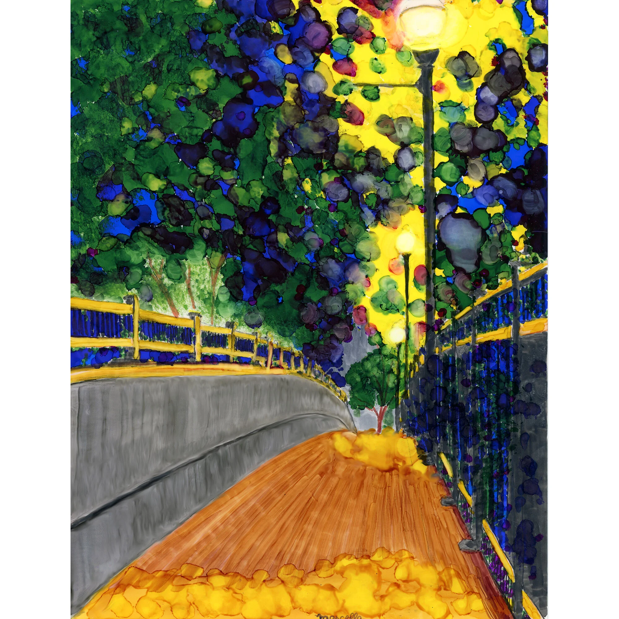 "Impressionist Walk by Lamplight" Print of Painting by Marcella Chapman