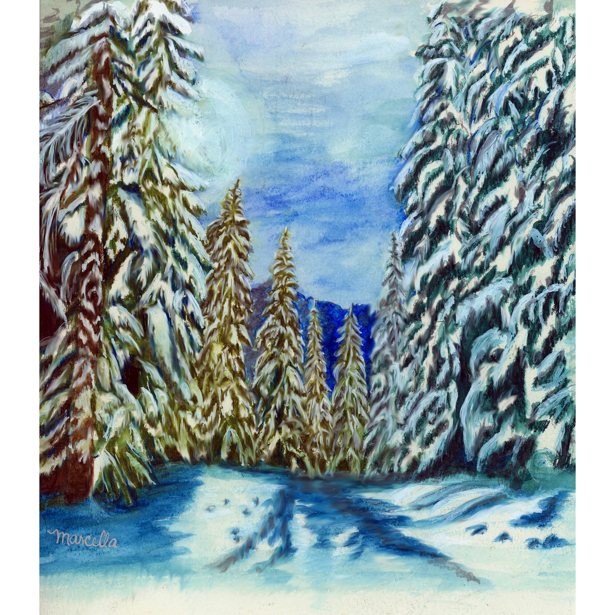 "Snowy Mountain Pines" Print of Painting by Marcella Chapman