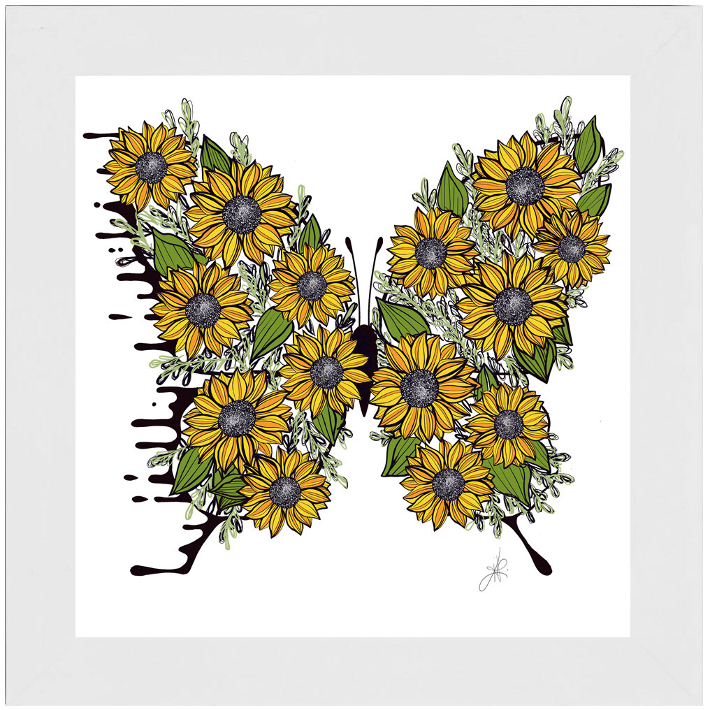 "Sunflower" Bipolar Butterfly Framed Print- White Frame