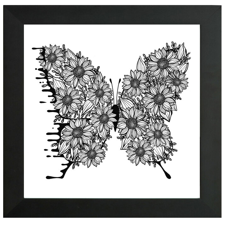 "B & W Sunflower" Bipolar Butterfly Framed Print- Black or White Frame