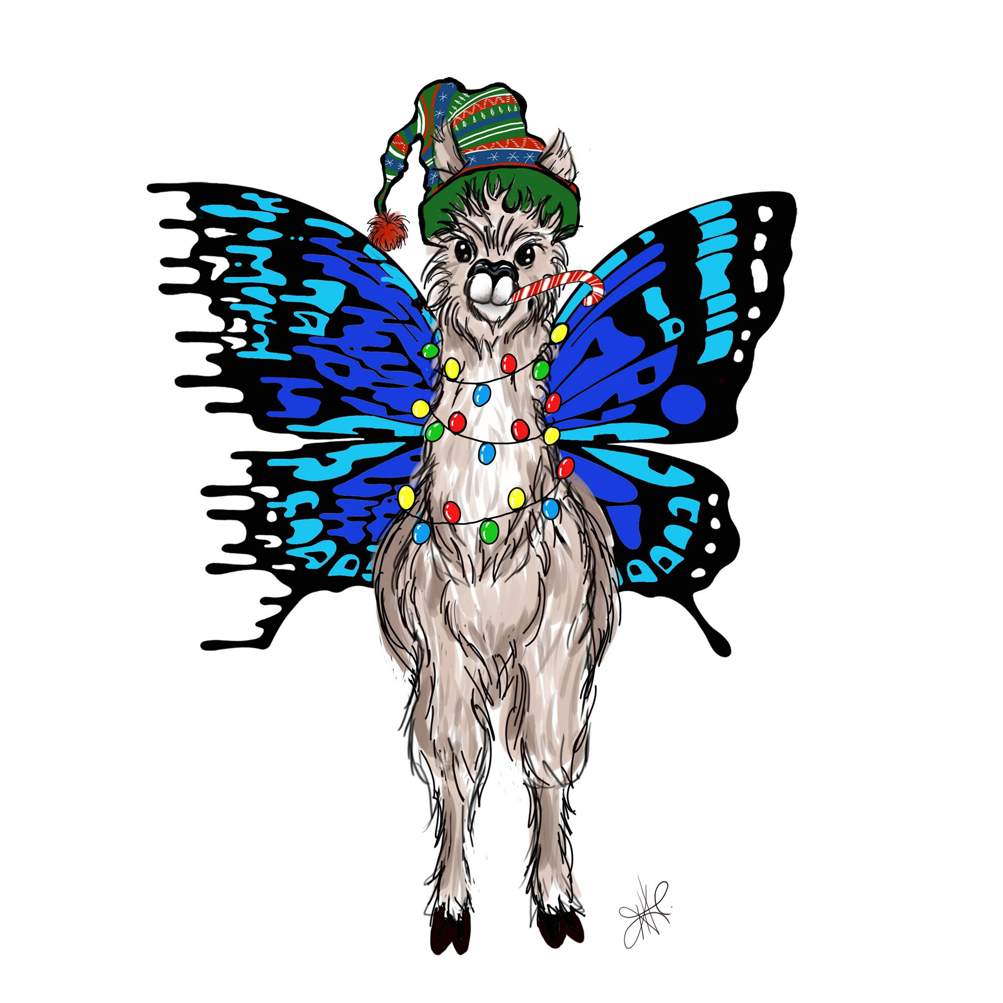 "Holiday Llama" Bipolar Butterfly Unframed Print