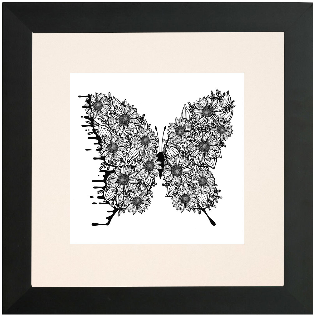 "B & W Sunflower" Bipolar Butterfly Framed & Matted Print- Black Frame