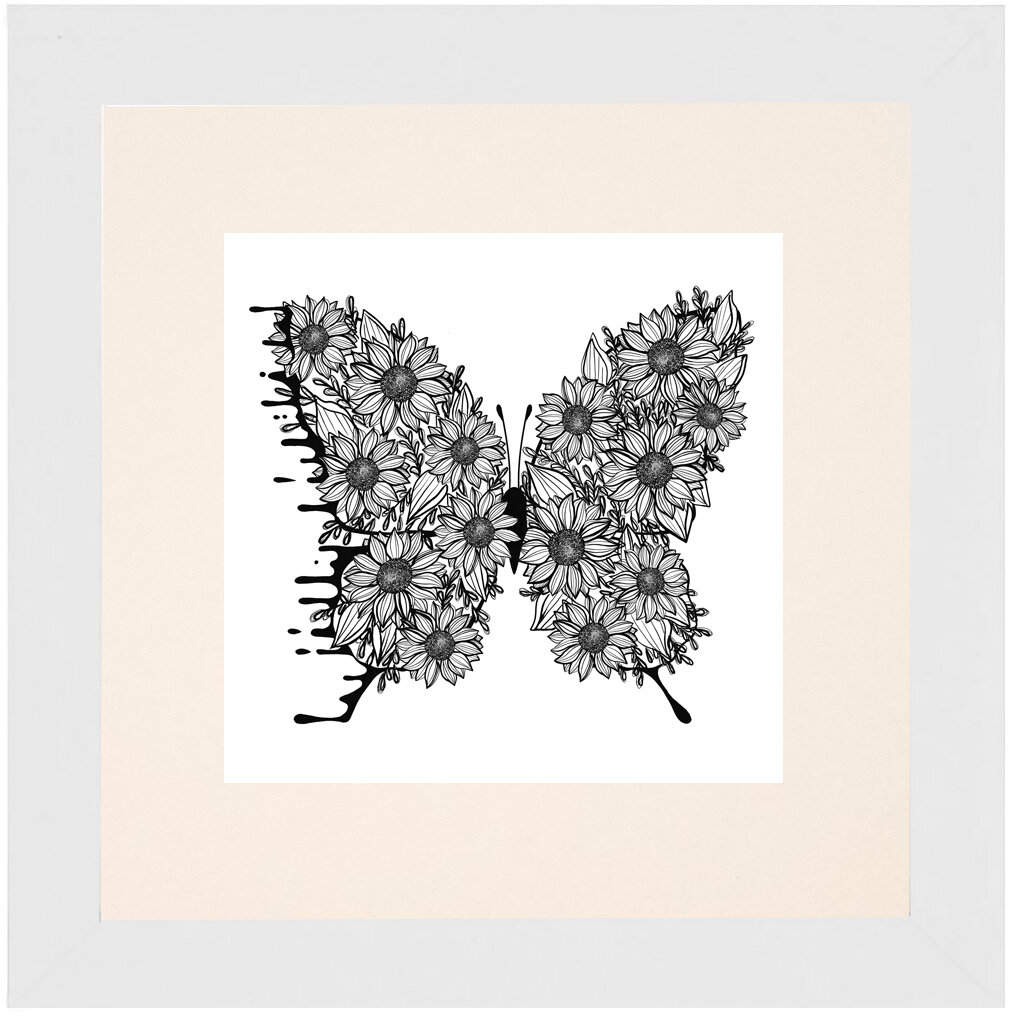 "B & W Sunflower" Bipolar Butterfly Framed & Matted Print- White Frame