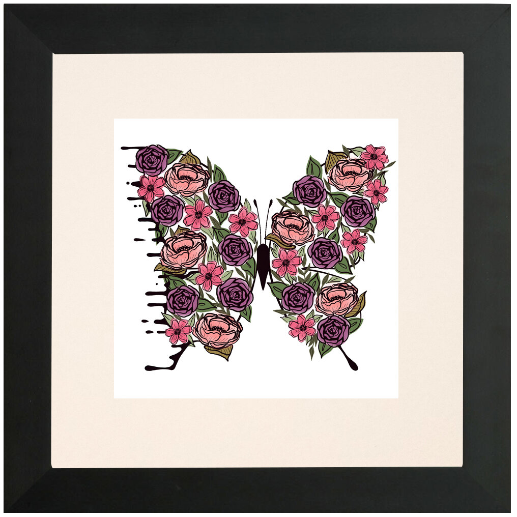 "Pink Flower" Bipolar Butterfly Framed & Matted Print- Black Frame