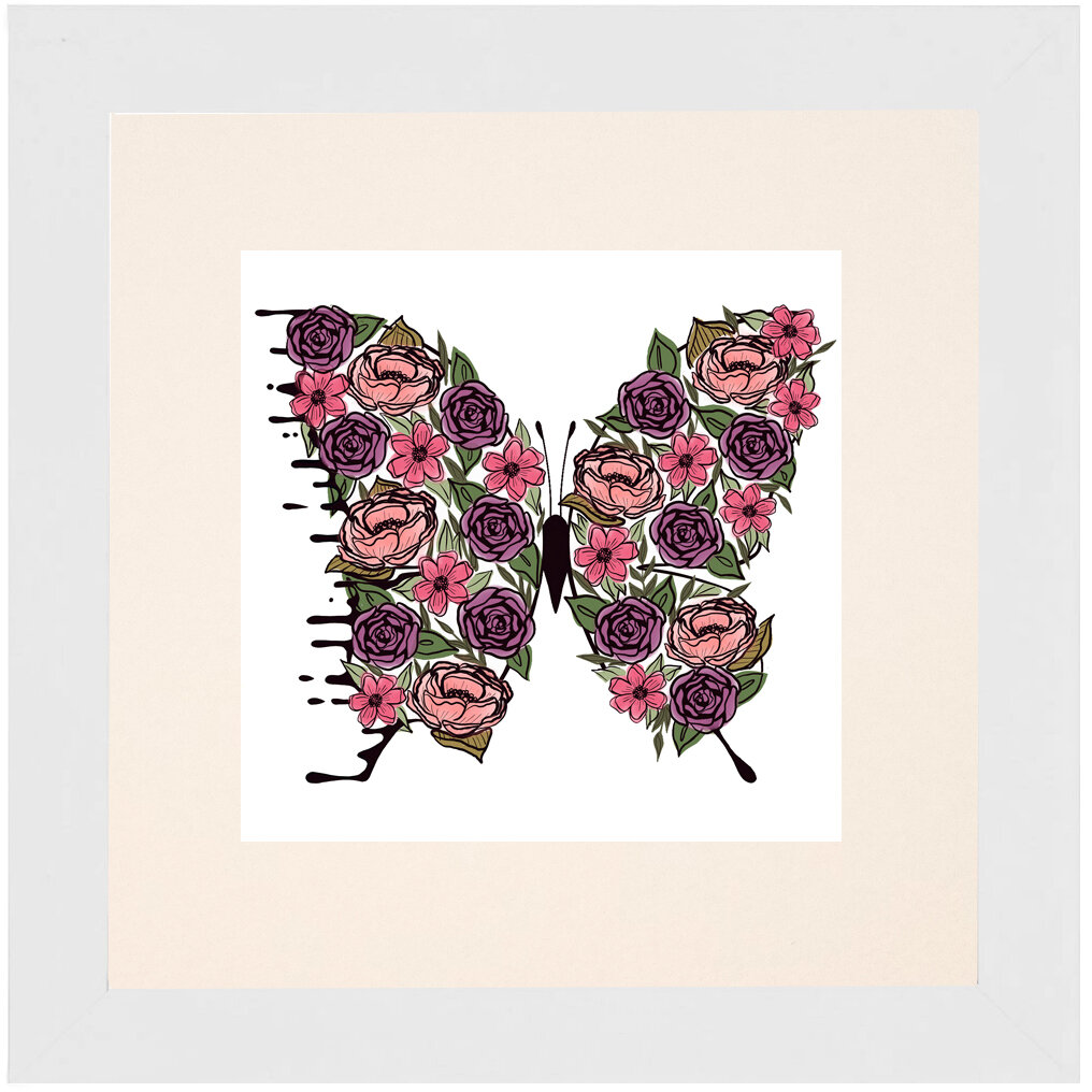 "Pink Flower" Bipolar Butterfly Framed & Matted Print- White Frame