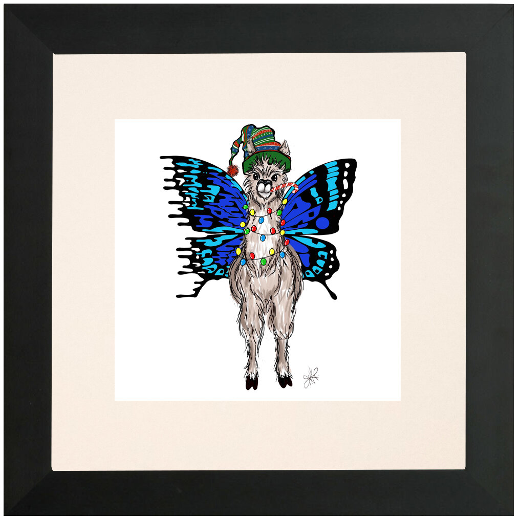 "Holiday Llama" Bipolar Butterfly Framed & Matted Print- Black Frame