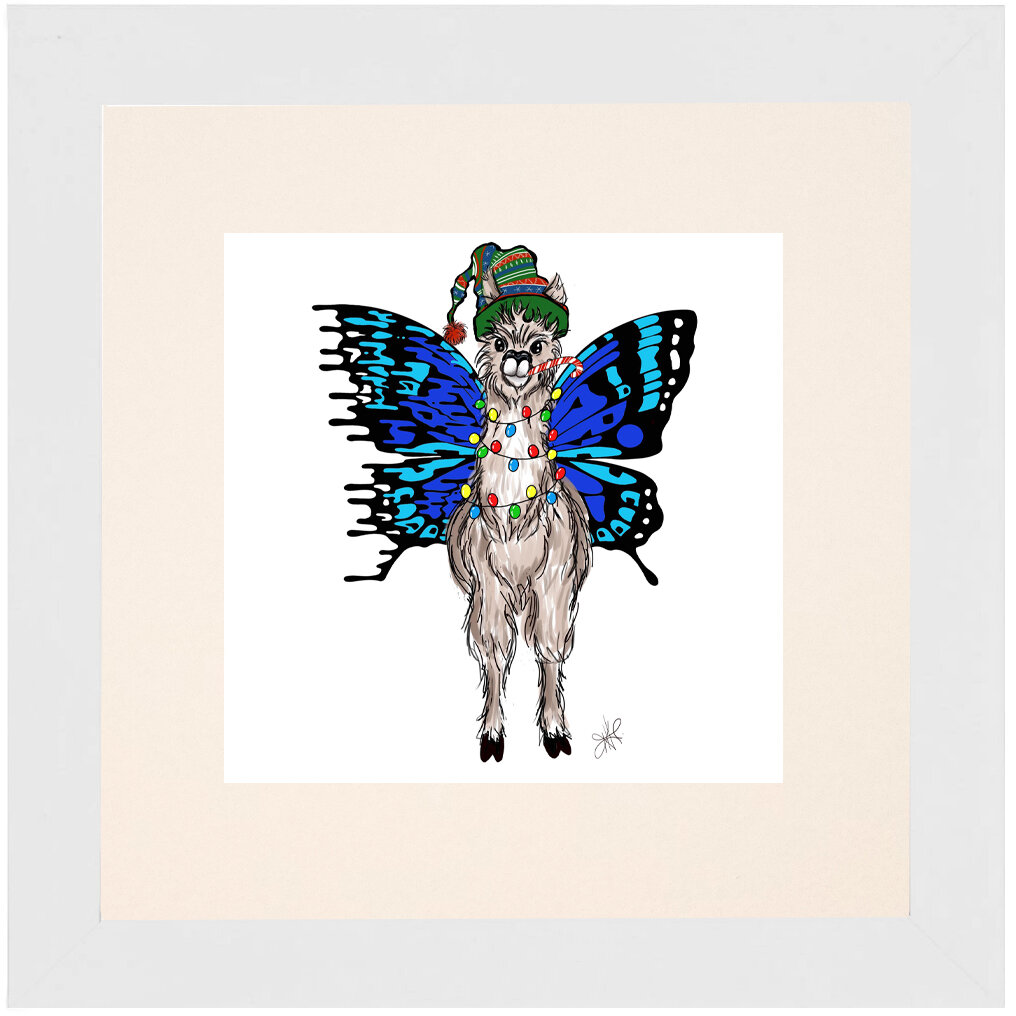 "Holiday Llama" Bipolar Butterfly Framed & Matted Print- White Frame