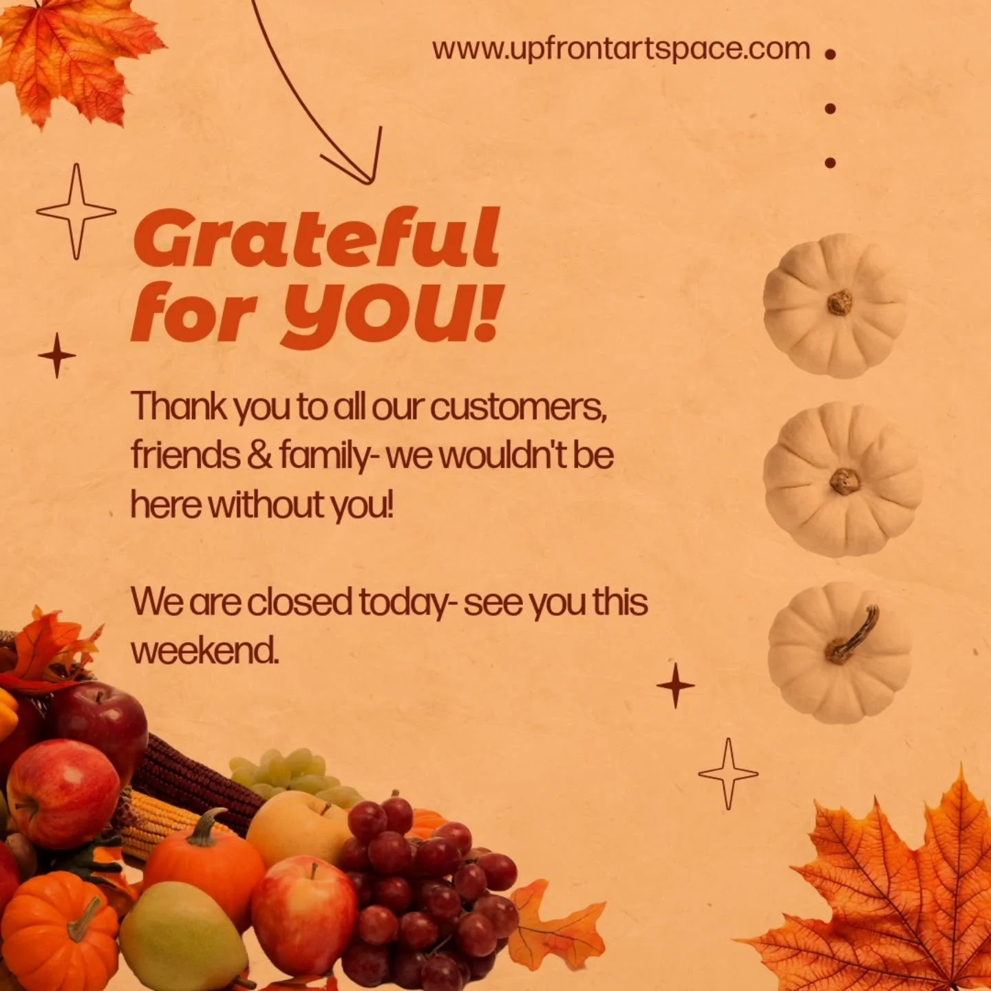 Thank you to all of YOU! We are closed today, and will return with extended hours and mega sales this whole weekend. See you soon. 
#upfrontartspace #cuyahogafallsoh #shoplocal #shopsmall #frameshop #turkeyday #indegenouspeoplesday #thislandisstolen