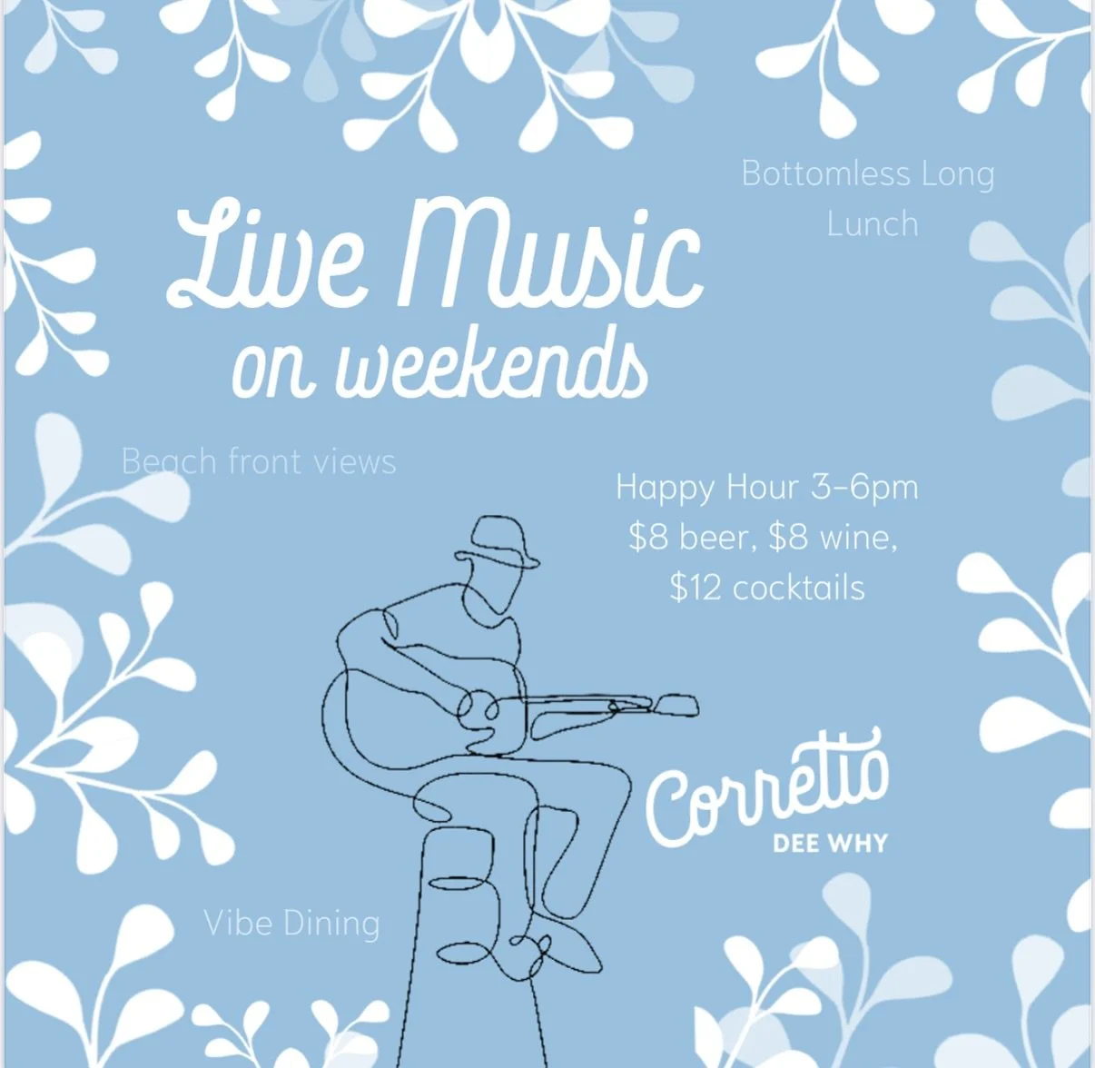 LIVE MUSIC RETURNS! We&rsquo;re so excited to welcome back live music every Saturday from 5pm at Corretto Dee Why. It&rsquo;s been a long winter but it&rsquo;s time to celebrate the warmer weather by opening the blinds, filling the courtyard and lett