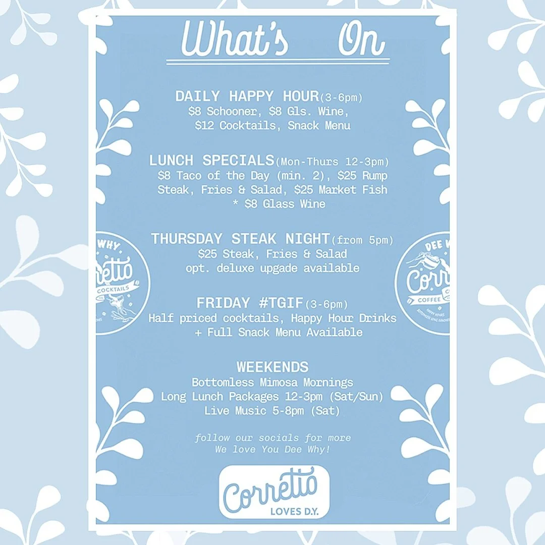 NEW SEASON, NEW SPECIALS! As always, make sure you save a copy of our new specials so you can stay up to date with what we&rsquo;ve got install for you each day throughout the week. We love you Dee Why!