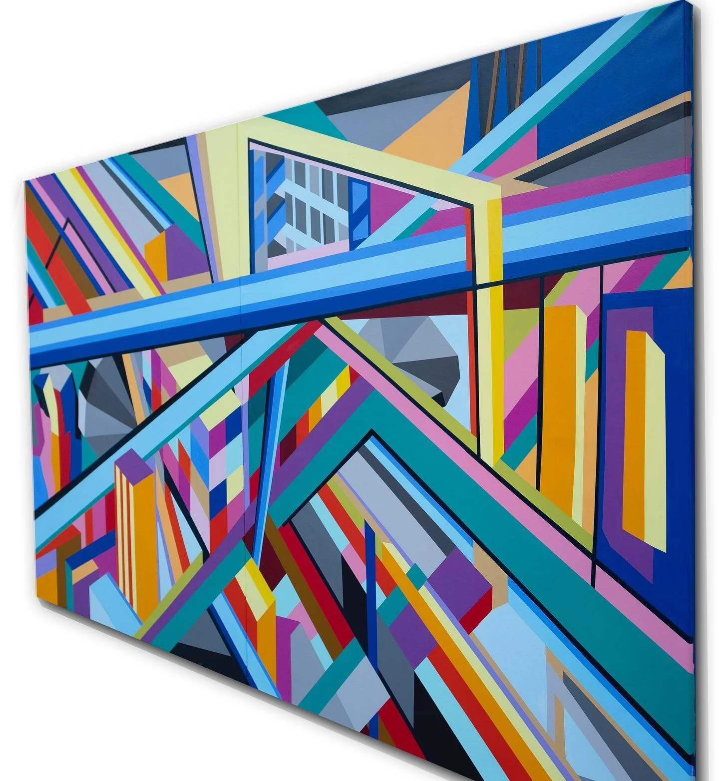 &ldquo;Obstruction&rdquo;  72&rdquo; x 120&rdquo; Acrylic on canvas. Impactful compositions combining geometries with vibrant colors and shapes. Inspire by the urban dynamic passage and  progress we are living in. There is no obstacle that we can&rsq
