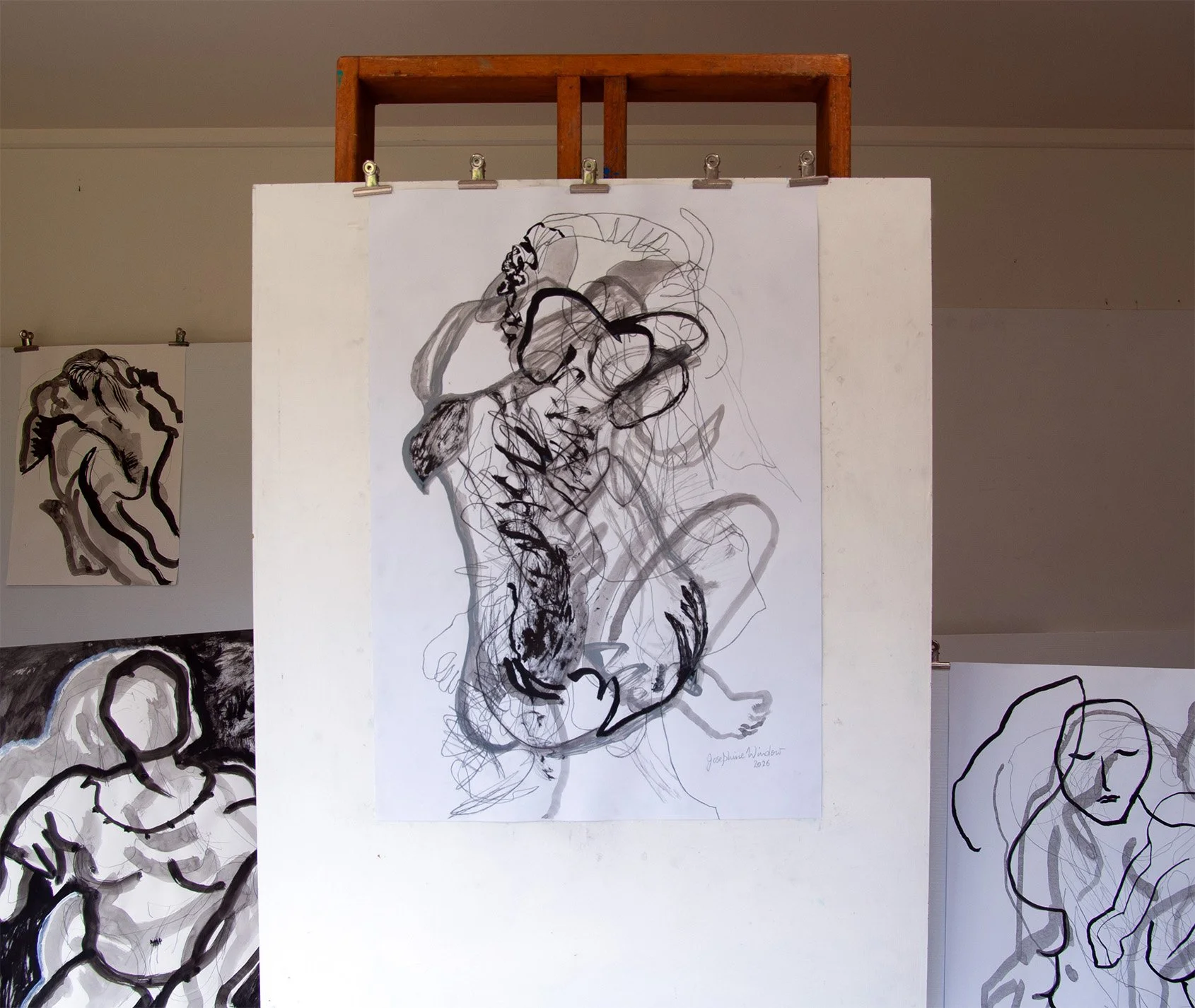 Josephine Window Ink Brush Drawing 18 Studio-original-abstract-figures-black-and-white-paper-expressive-gestural-lineart-dance-music-life-model-nature-plants