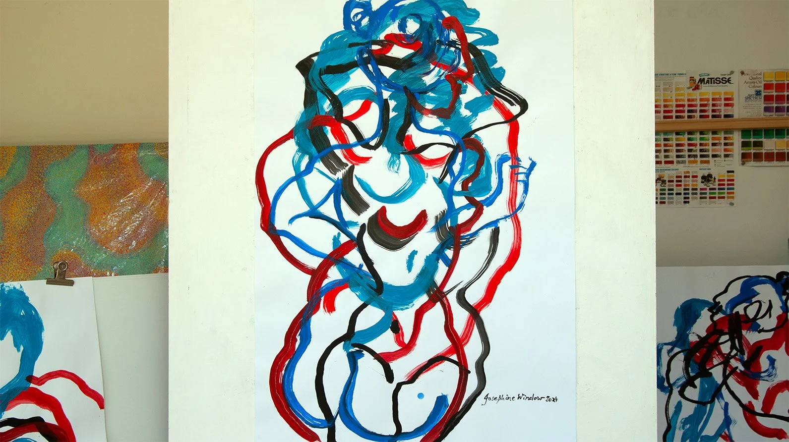 Josephine-Window-Curvaceousness-3-painting-original-art-acrylic-ink-paper-abstract-linear-expressive-gestural-red-blue-black-studio