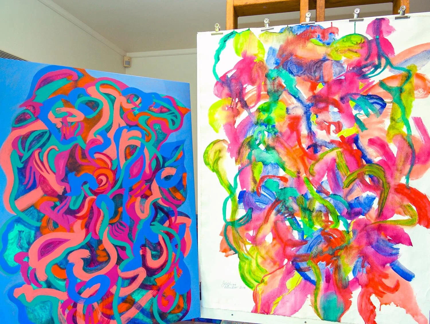 Josephine Window-Sudden Flower Dance-Flower Dance Collection Painting–abstract painting-acrylic on un-stretched canvas-on the easel-Josephine's studio