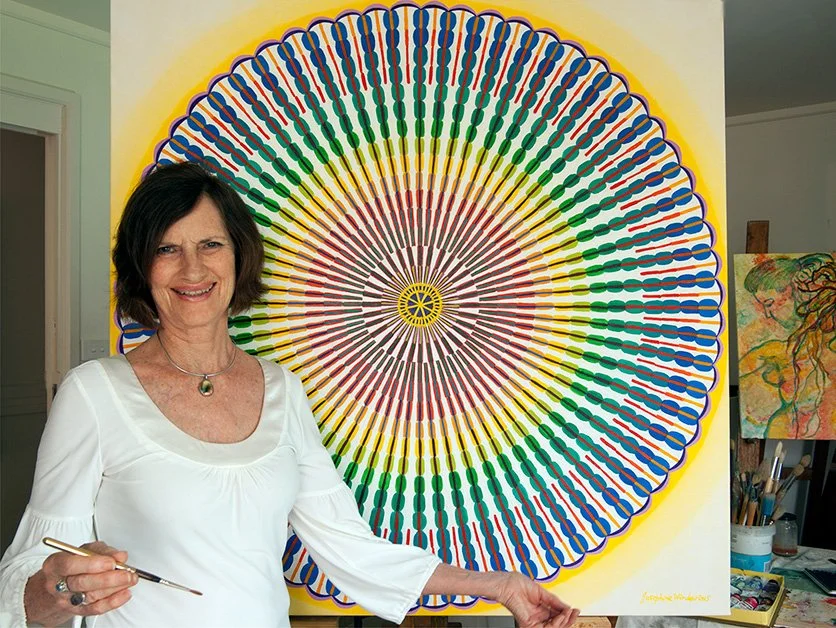 Josephine-Window-Flowering-Colour-large-abstract-Colour Circle-oil-painting-geometric-maximalism-stretched-canvas-artwork-studio-easel-view