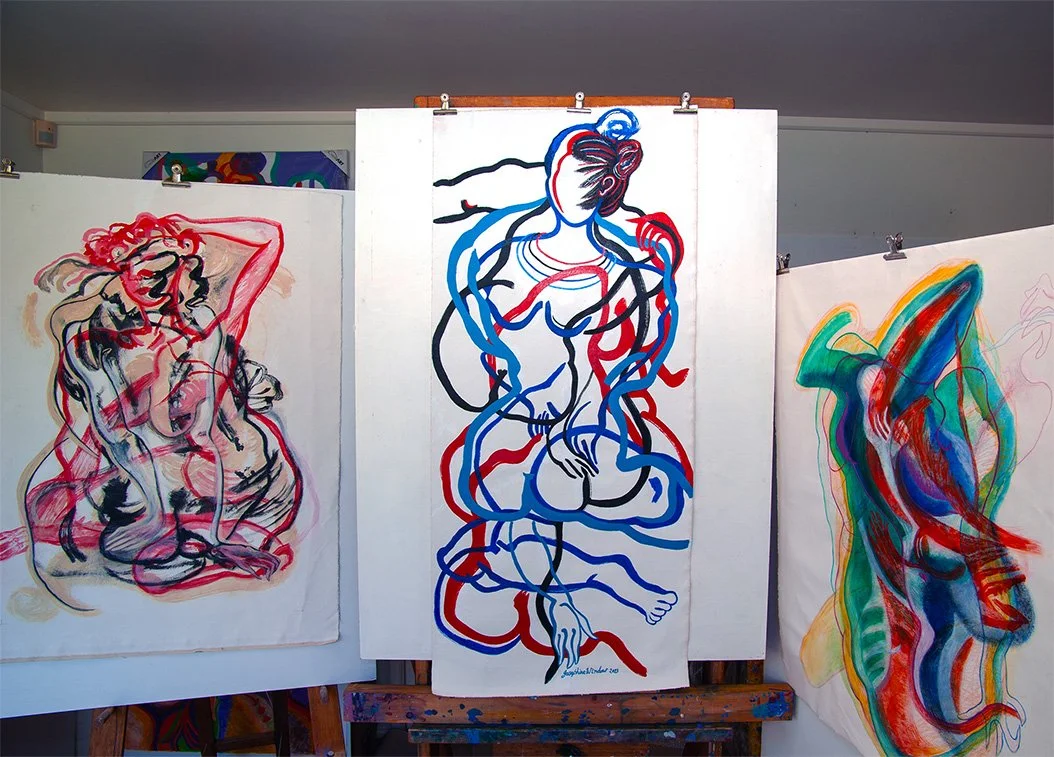 Josephine-Window-curvaceousness-2-acrylic-ink-figure-painting-abstract-life-model-linear-canvas-painting-nudes-eroticism-expressionism-expressive-gestural-black-blue-red-artwork-on-studio-easel