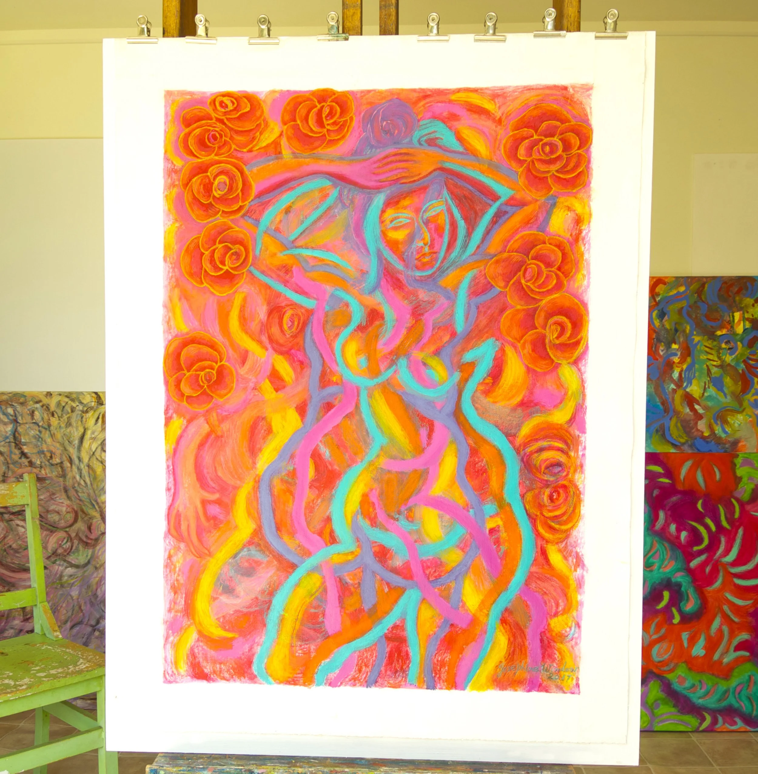 Josephine-Window-original-painting-acrylic-fcanvas-figure-painting-abstract-layered-figures-linear-painting-canvas-on-studio-easel
