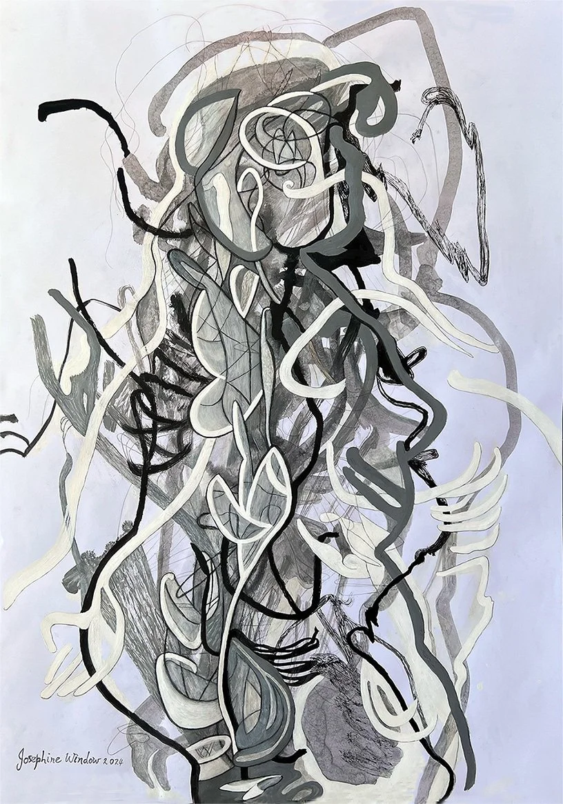 Josephine-Window-Microcosm-1-original-ink-acrylic-painting-abstract-layered-figures-rainforest-paper-linear-expressive-gestural-artwork-full-image