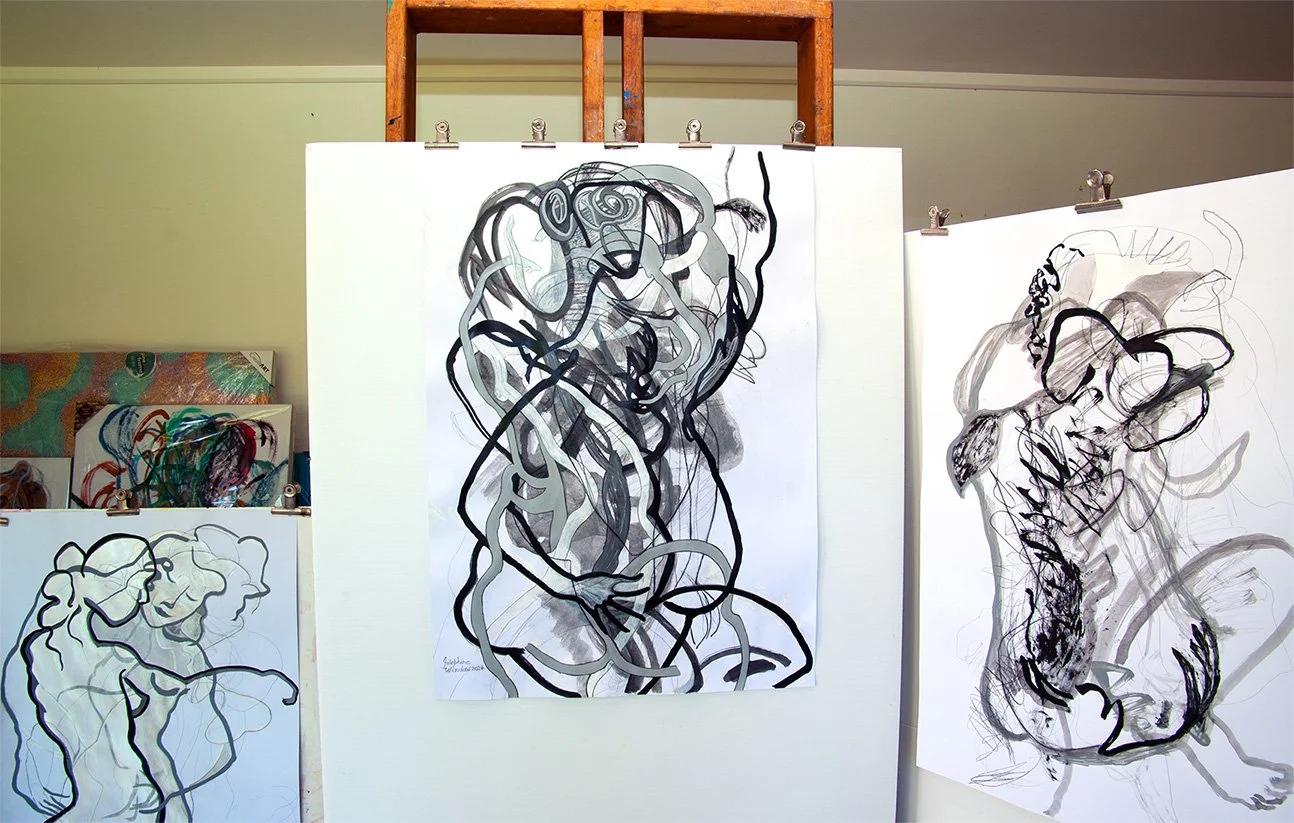 Josephine-Window-Microcosm-2-original-ink-acrylic-painting-abstract-layered-figures-rainforest-paper-linear-expressive-gestural-artwork-on-easel